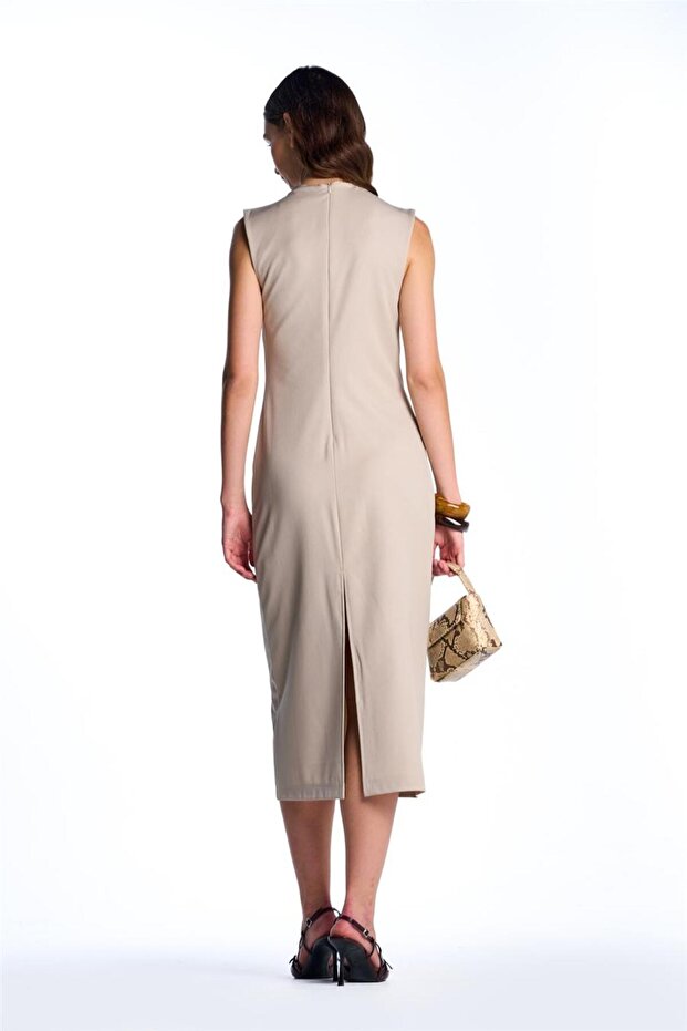 Bej Midi Boy Elbise - 6
