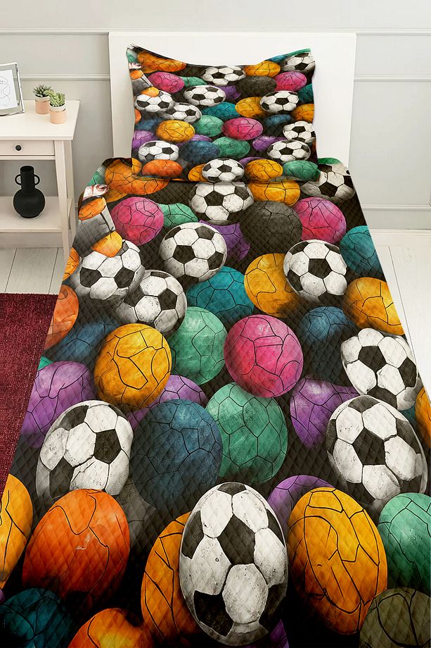 Renkli Toplar Futbol Desenli Erkek Çocuk Tek Kişilik Pike Takımı Kapitoneli Yatak Örtüsü - 1