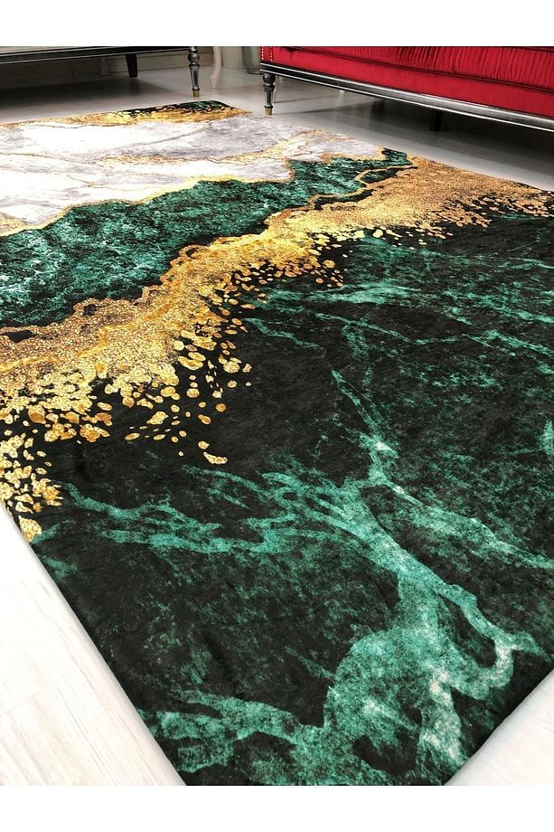 Yeşil Zümrüt Mermer Kadife/ipek Lastikli Halı Örtüsü/kılıfı ( Carpet Cover ) 6m² - 5