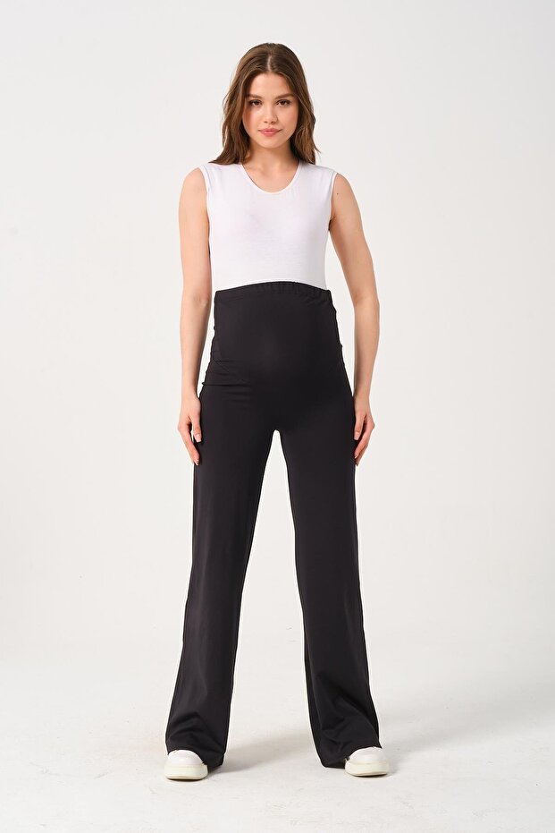 Maternity Stretchy Waistband Wide Leg Sports Pants Black
