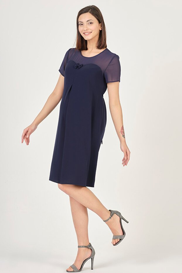 Maternity Collar Tulle Detailed Dress Navy Blue