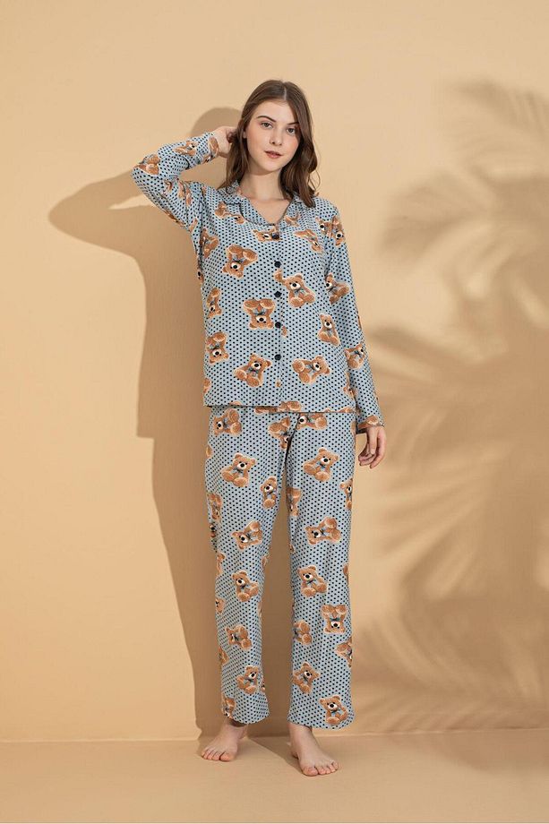 Süet Düğmeli Uzun Kol Pijama Takımı - 1