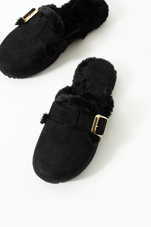 Black Suede Buckle Inside Plush Slippers - 8