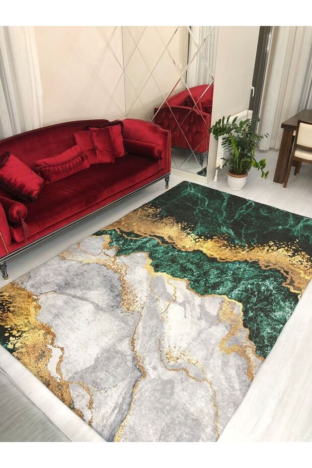 Yeşil Zümrüt Mermer Kadife/ipek Lastikli Halı Örtüsü/kılıfı ( Carpet Cover ) 6m² - 4