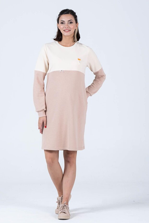 Maternity Color Block Sweat Dress Beige