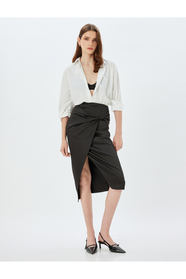 Satin Skirt Midi Length Double Breasted Slit Detailed Bow Tie Slim Fit