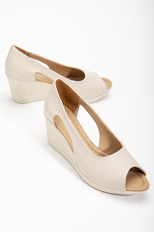 Wedge Sole Open Window Orthopedic Artificial Leather Beige Women's Wedge Heel Shoes