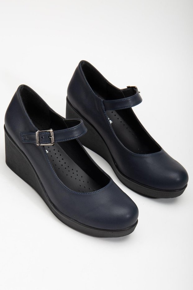 Beret Faux Leather Navy Blue Women's Wedge Sole Shoes