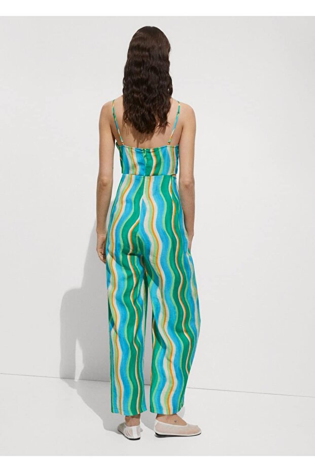 Yırtmaçlı Drape Yaka Desenli Tulum - 4