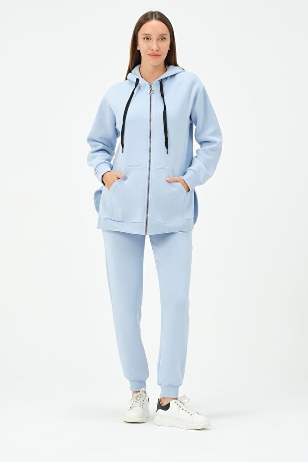 Pregnant Women's Thermal Zippered Hooded Tracksuit Set Blue