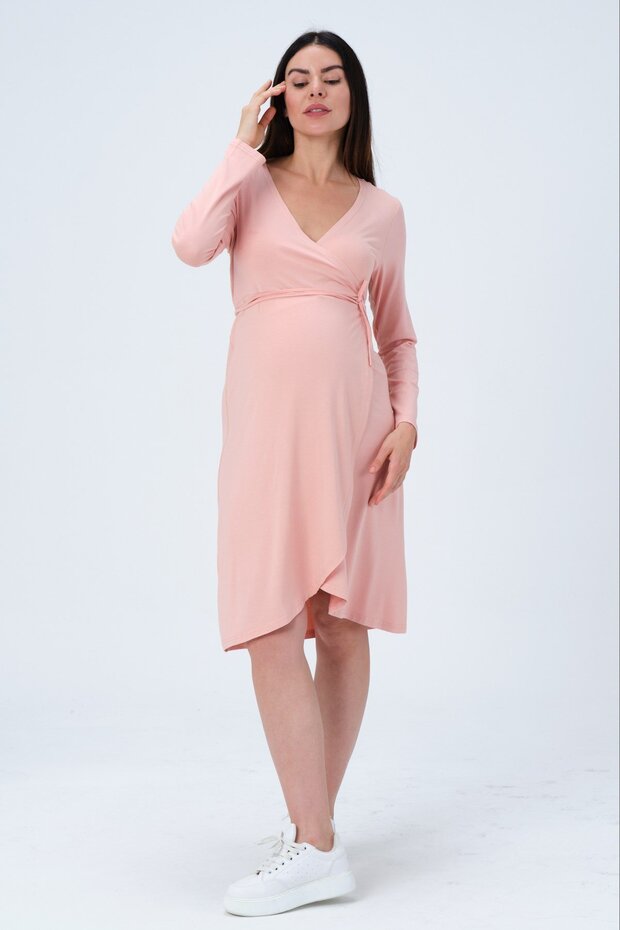 Maternity Front Lace-Up Easy-To-Wear Long Sleeve Combed Cotton Dress Pudra
