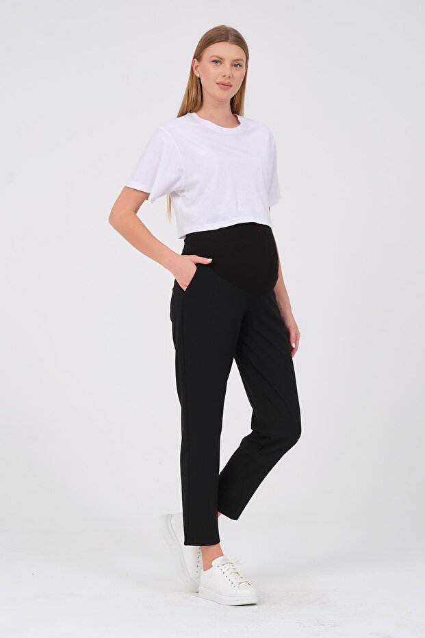 Maternity Flexible Waistband Adjustable Mom Fit Classic Gabardine Trousers Black