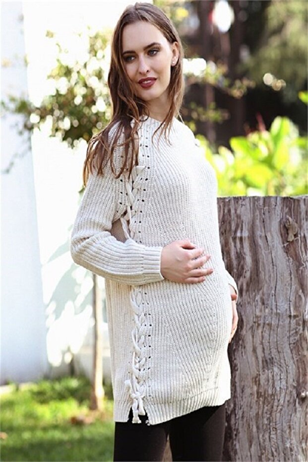 Pregnant Knit Detailed Knitwear Sweater Beige