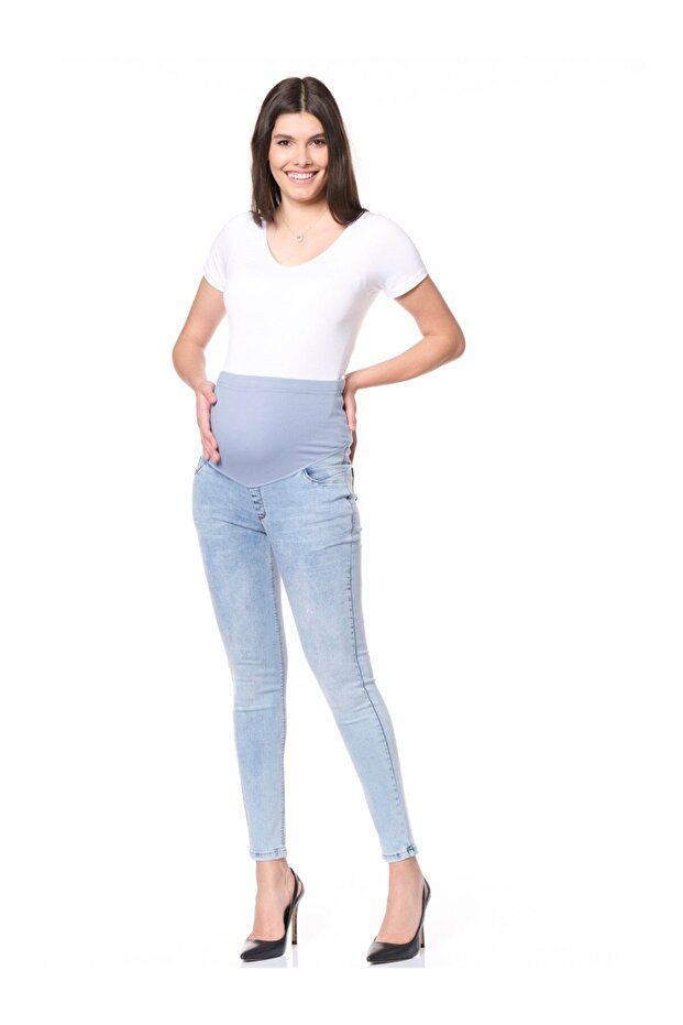 Pregnant Stretchy Abdominal Banded Skinny Jeans Blue