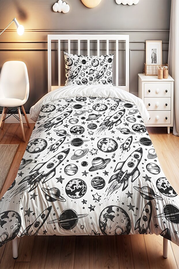 Black and White Planets Patterned Single Baby Kids Bedding Set