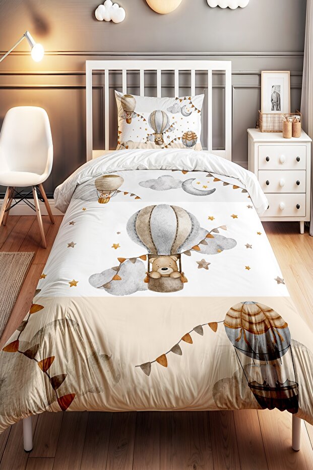 Flying Balloon Teddy Bear Patterned Single Baby Kids Bedding Set