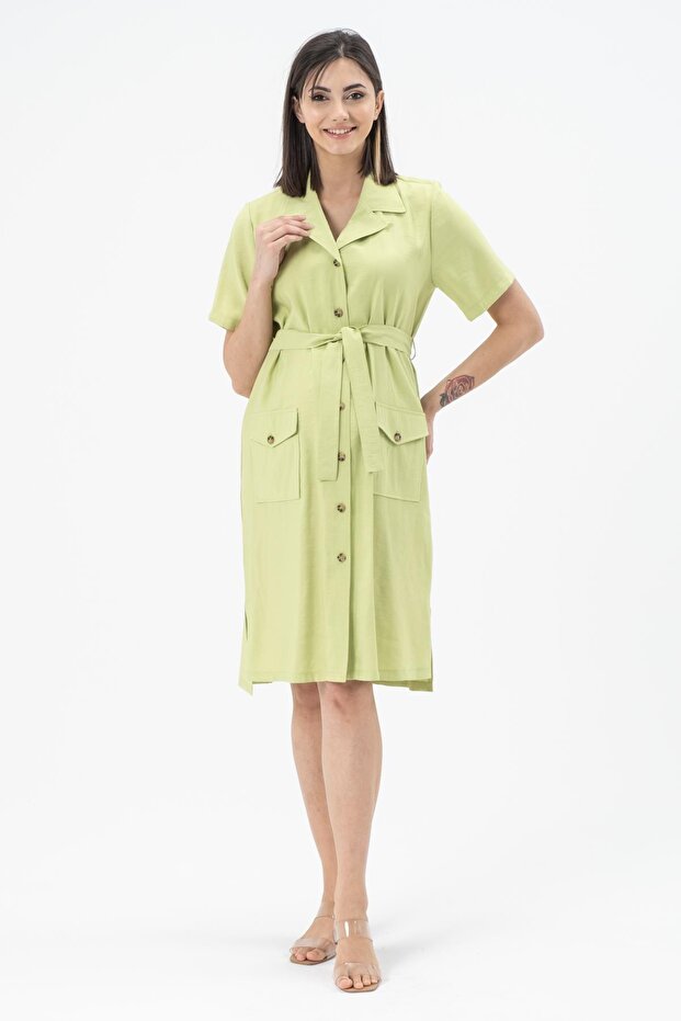 Maternity Belted Front Pocket Short Sleeve Dress Pistachio Green