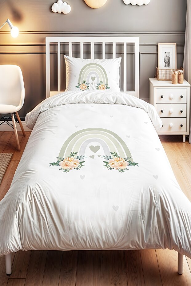 Heart Floral Rainbow Patterned Single Baby Kids Duvet Cover Set