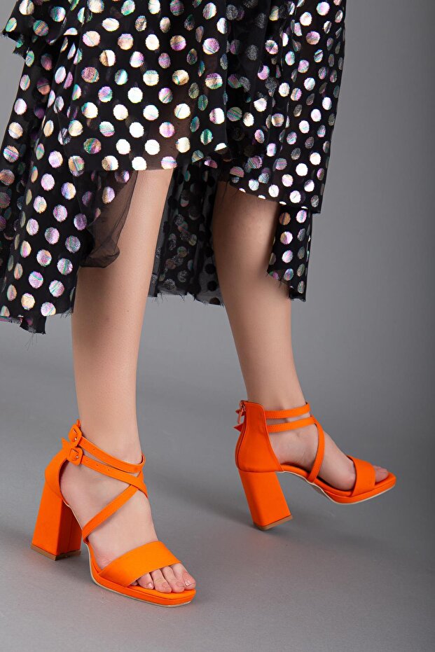 Saten Tek Ve Çapraz Bant Turuncu Kadın Platform Topuk Abiye Ayakkabı - 1