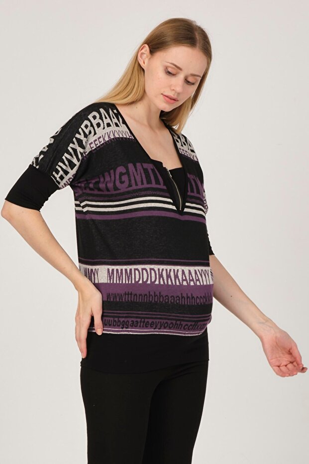 Maternity Zippered Patterned Tunic Purple - 3