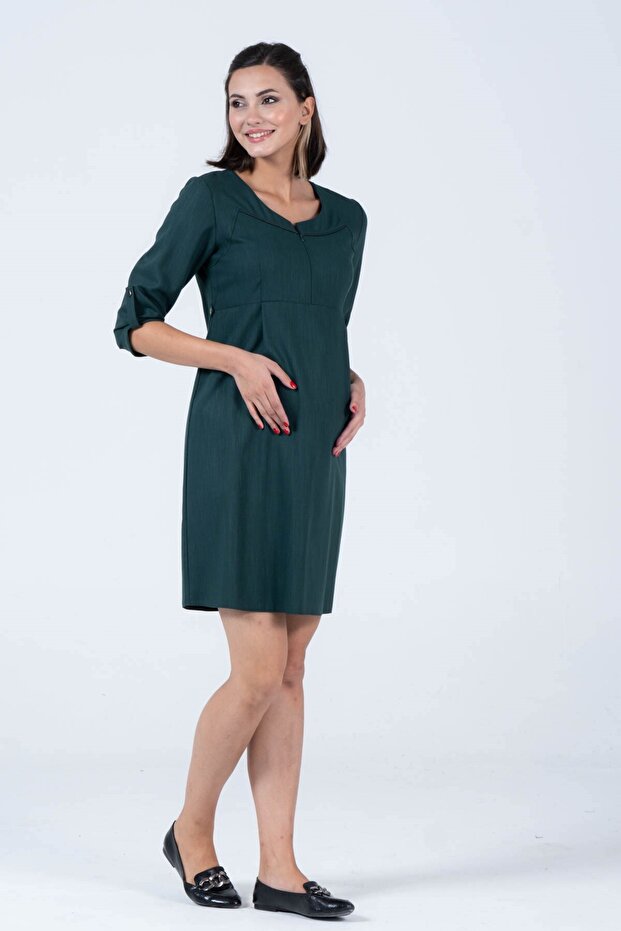 Maternity Front Zipper Detailed Woven Casual Dress Green