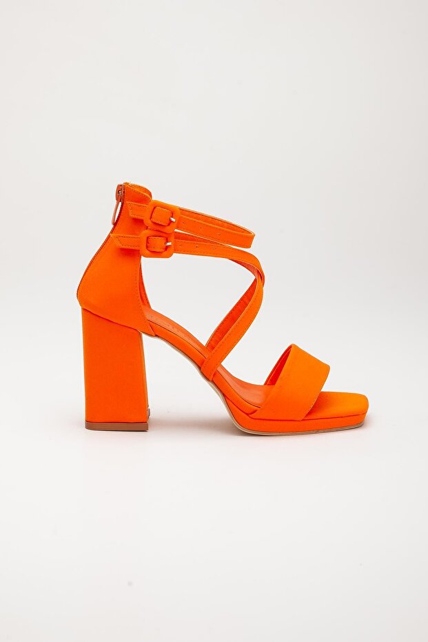 Saten Tek Ve Çapraz Bant Turuncu Kadın Platform Topuk Abiye Ayakkabı - 4