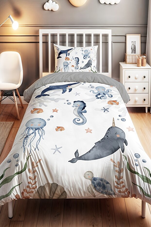 Blue Undersea Patterned Single Baby Kids Bedding Set