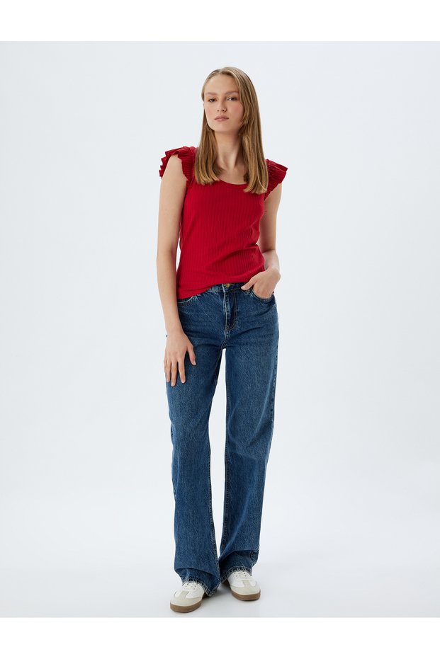 Round Neck Rib Slim Fit Frilly Watermelon Sleeve T-Shirt