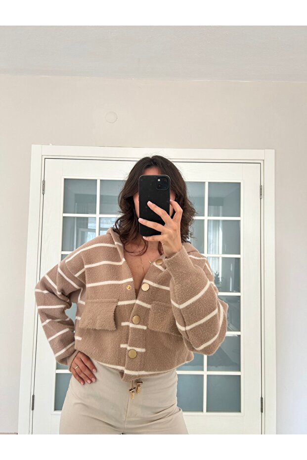 Çizgili Kapüşonlu Triko Ceket - 1