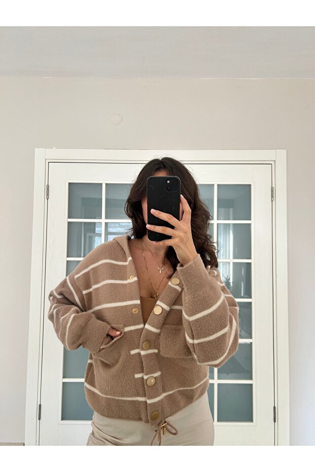 Çizgili Kapüşonlu Triko Ceket - 3