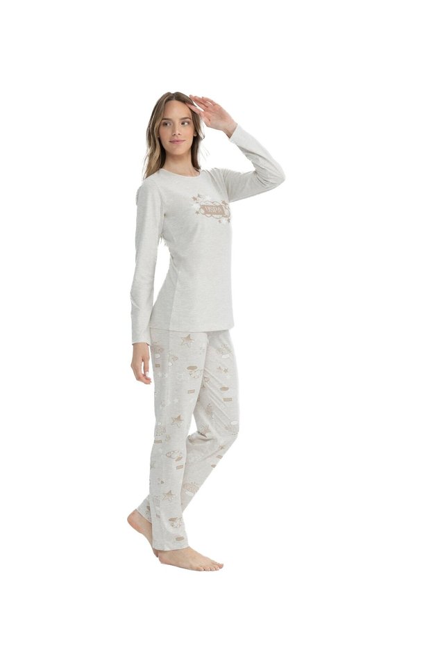 U.S. Polo Assn. Women's Beige Melange Round Neck Pajama Set