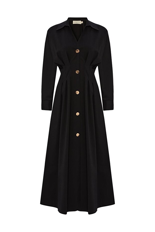 Waist-Fitting Button-Detail Cotton Midi Shirt Dress