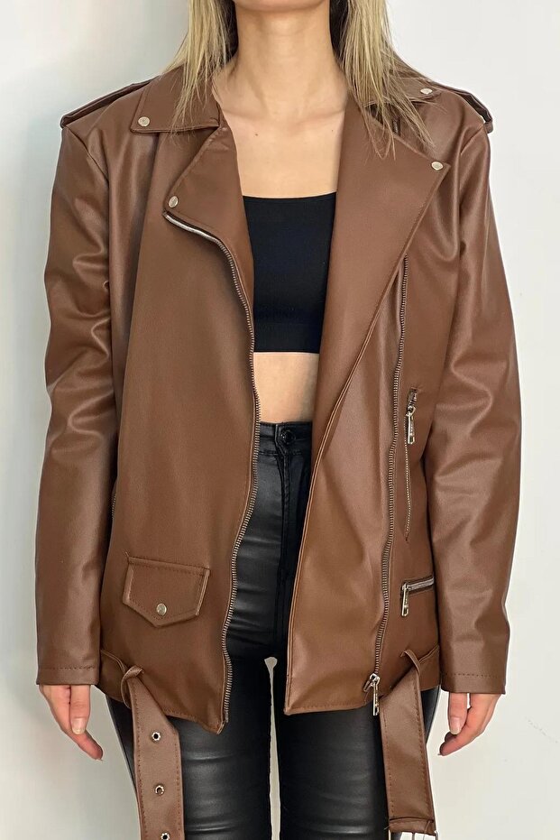 New Season Oversize Long Women's Brown Leather Jacket
