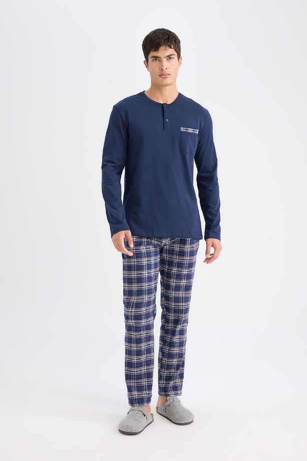Regular Fit Pijama Takımı Bisiklet Yaka Uzun Kollu Üst Kareli Alt D0040ax24wn - 1