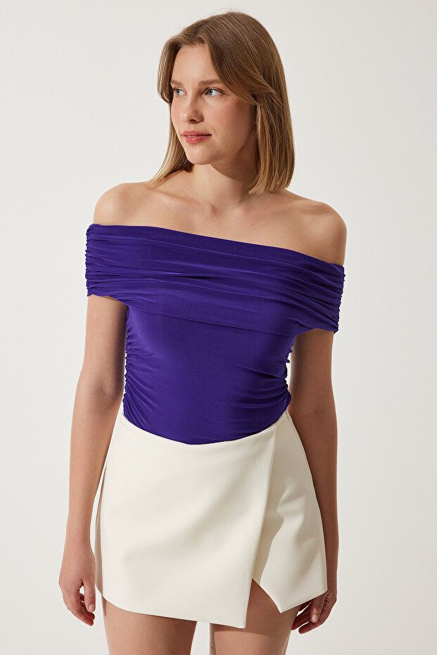 Open Shoulder Gathered Sandy Blouse - Purple Lto0039