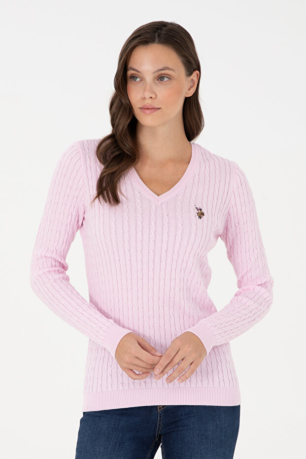 Women's Pink V-Neck Basic Sweater 50288992-VR041