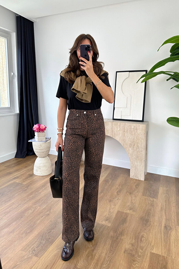 Zr Toxie Brown Black Leopard Patterned Straight Jeans