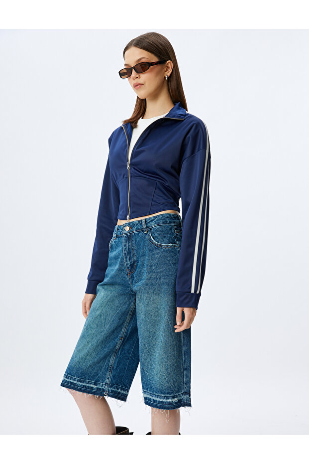 Crop Piped Zippered Sweatshirt with Corset Detail