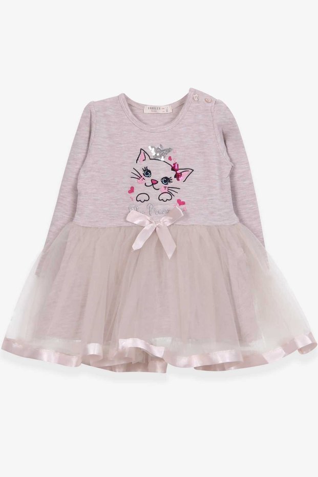 Girl's Long Sleeve Dress, Kitten Embroidered Sequin, 1.5-5 Years, Beige Melange