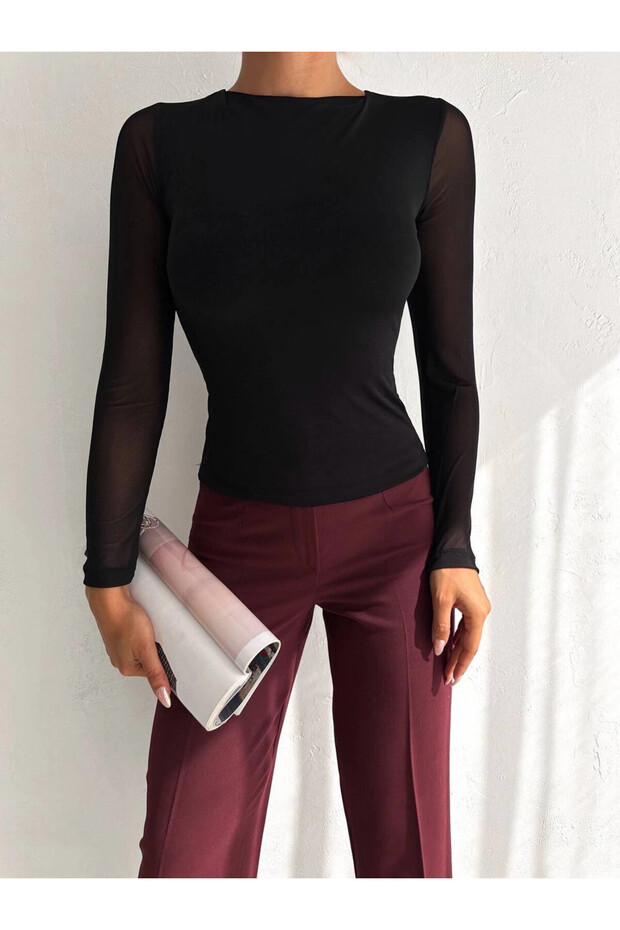 Women's Black Long Tulle Sleeve Sandy Blouse Hzl25W-Fry 122521