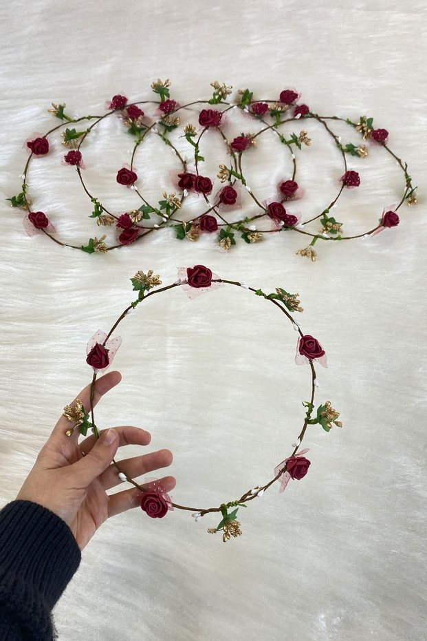 Burgundy Rose Petals Helen Bridesmaid Crown, Ring Bridal Henna Night Wedding Bride Bachelorette Party Circumcision