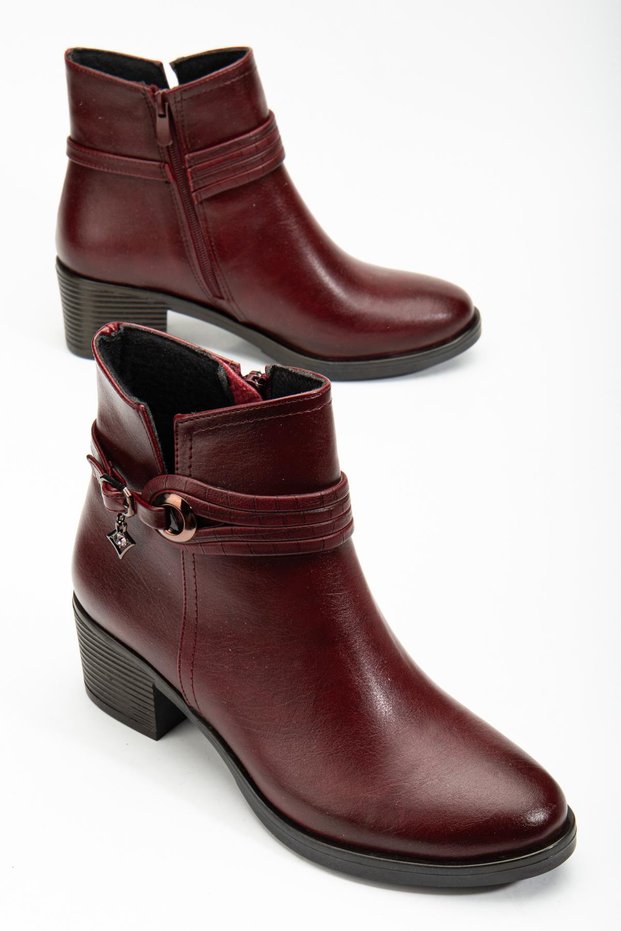 Women's Heeled Boots Daily Wear Burgundy Ribbed Thick Heeled Boots