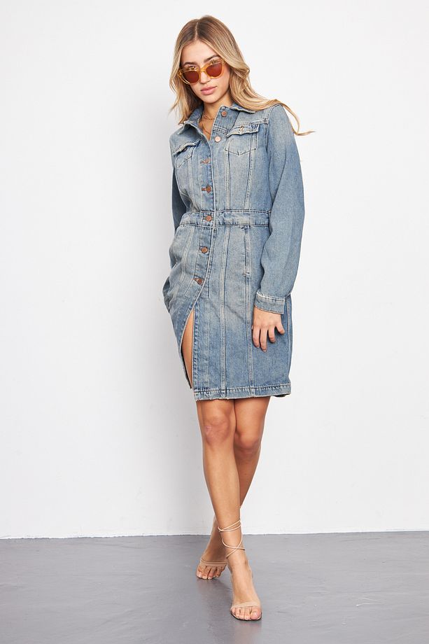 Açik Mavi Vintage Yıkama Regular Fit Jean Elbise - 3