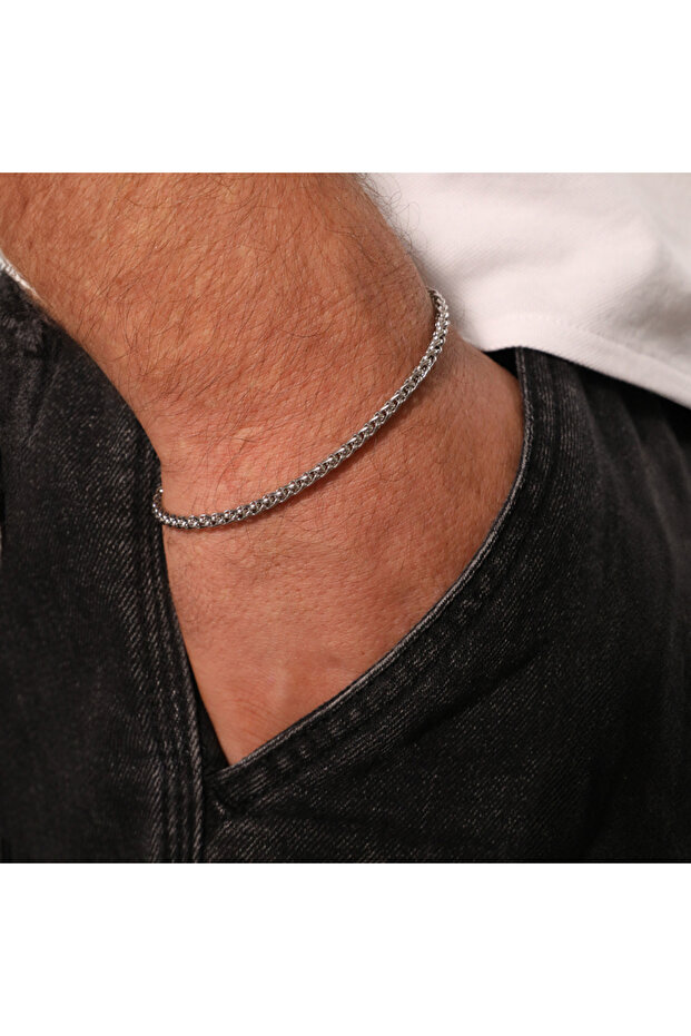 Steel Men's Bracelet, Silver Color, Fine Knit Chain, No:25