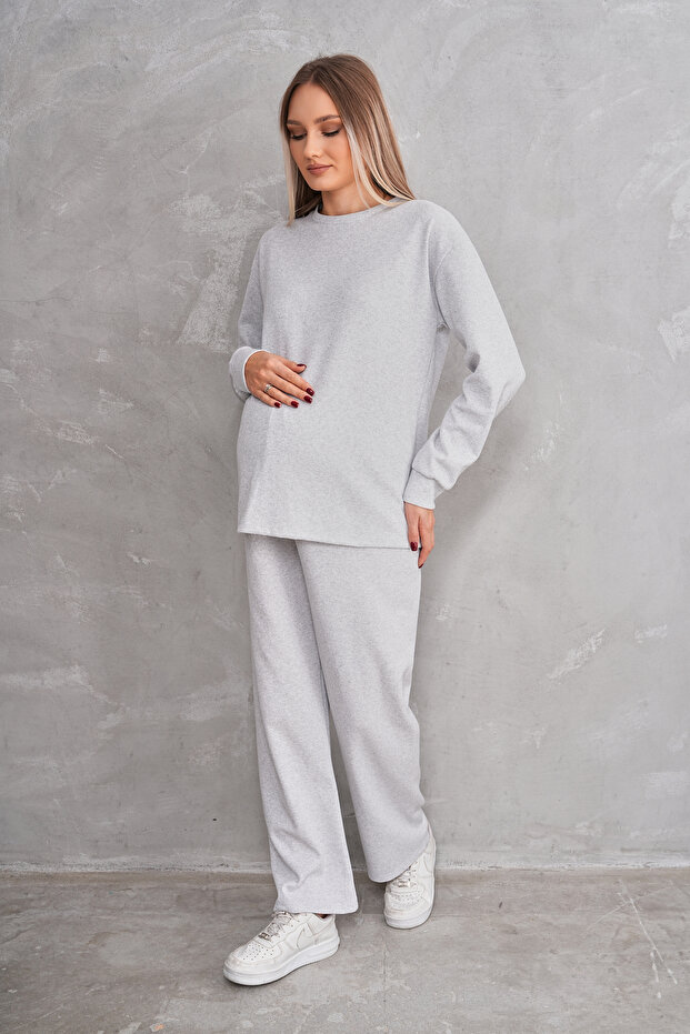 Pregnant and Maternity Crew Neck Waffle Fabric Top and Bottom Tracksuit Set