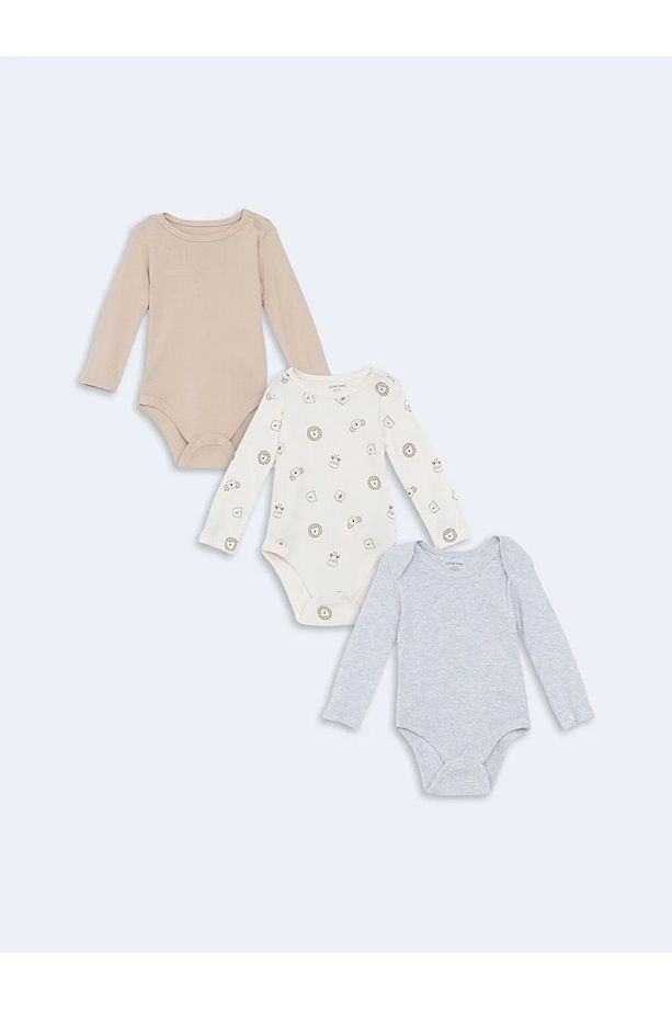 LCW baby Ekru Baskılı Bisiklet Yaka Uzun Kollu Baskılı Erkek Bebek Çıtçıtlı Body 3'lü - 1