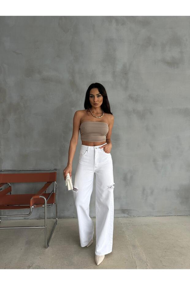 ZEO BASİC BEYAZ BAGGY PANTOLON DENİM KUMAŞ YANLARDAN LAZERLİ - 4