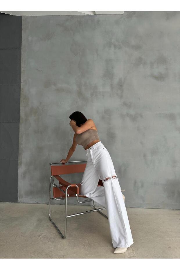 ZEO BASİC BEYAZ BAGGY PANTOLON DENİM KUMAŞ YANLARDAN LAZERLİ - 3