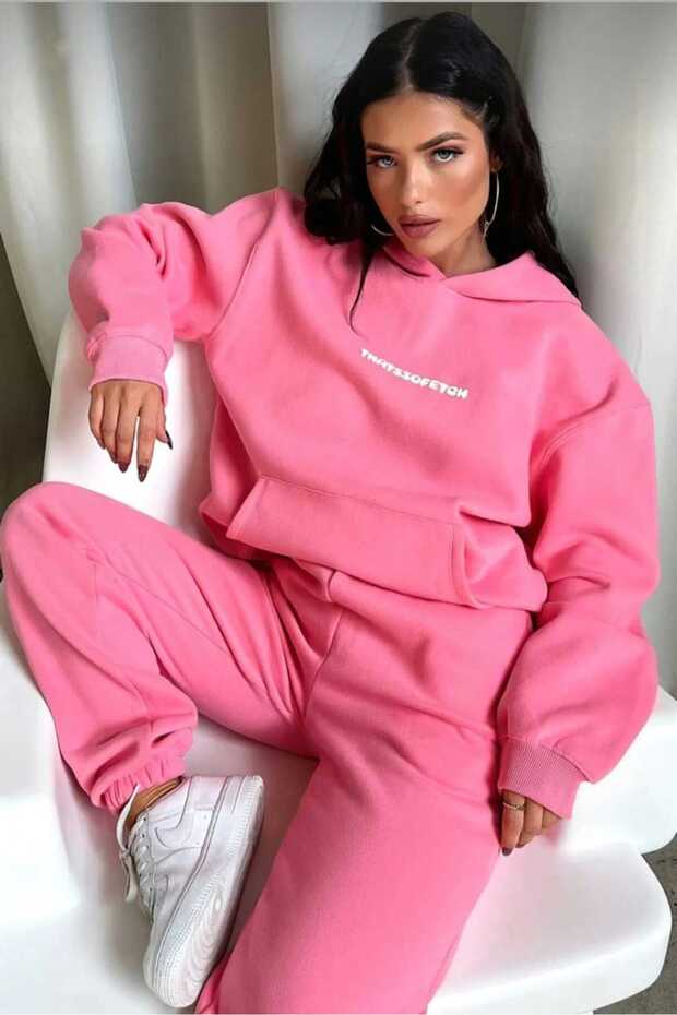 Kadın Pembe That So Fetch Baskılı 3 iplik Sweatshirt Yüksek Bel Jogger Eşofman Takımı - 3