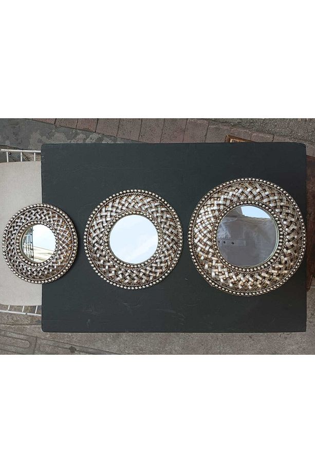 Dekoratif Polyester Yuvarlak Hasırlı Üçlü Ayna Takımı Gümüş Eskitme - 6
